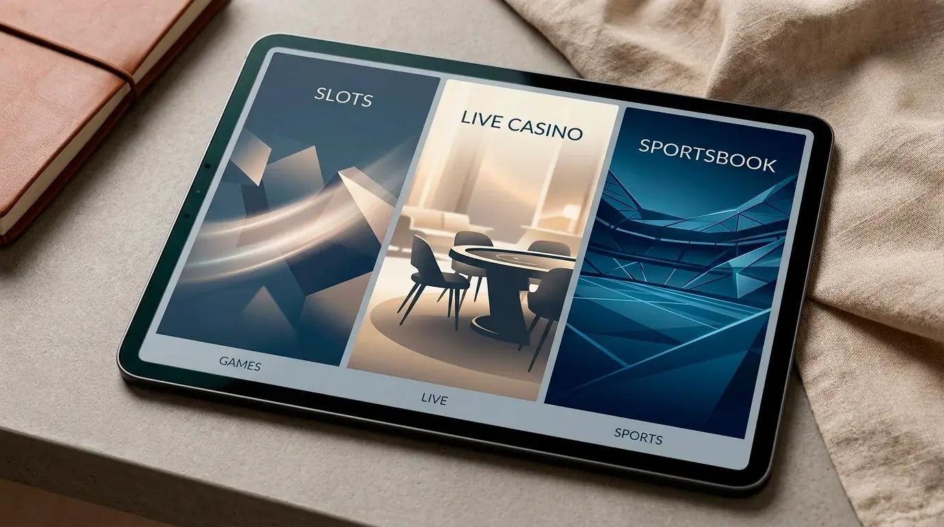 Abstract game lobby categories with slots, live casino and sports areas