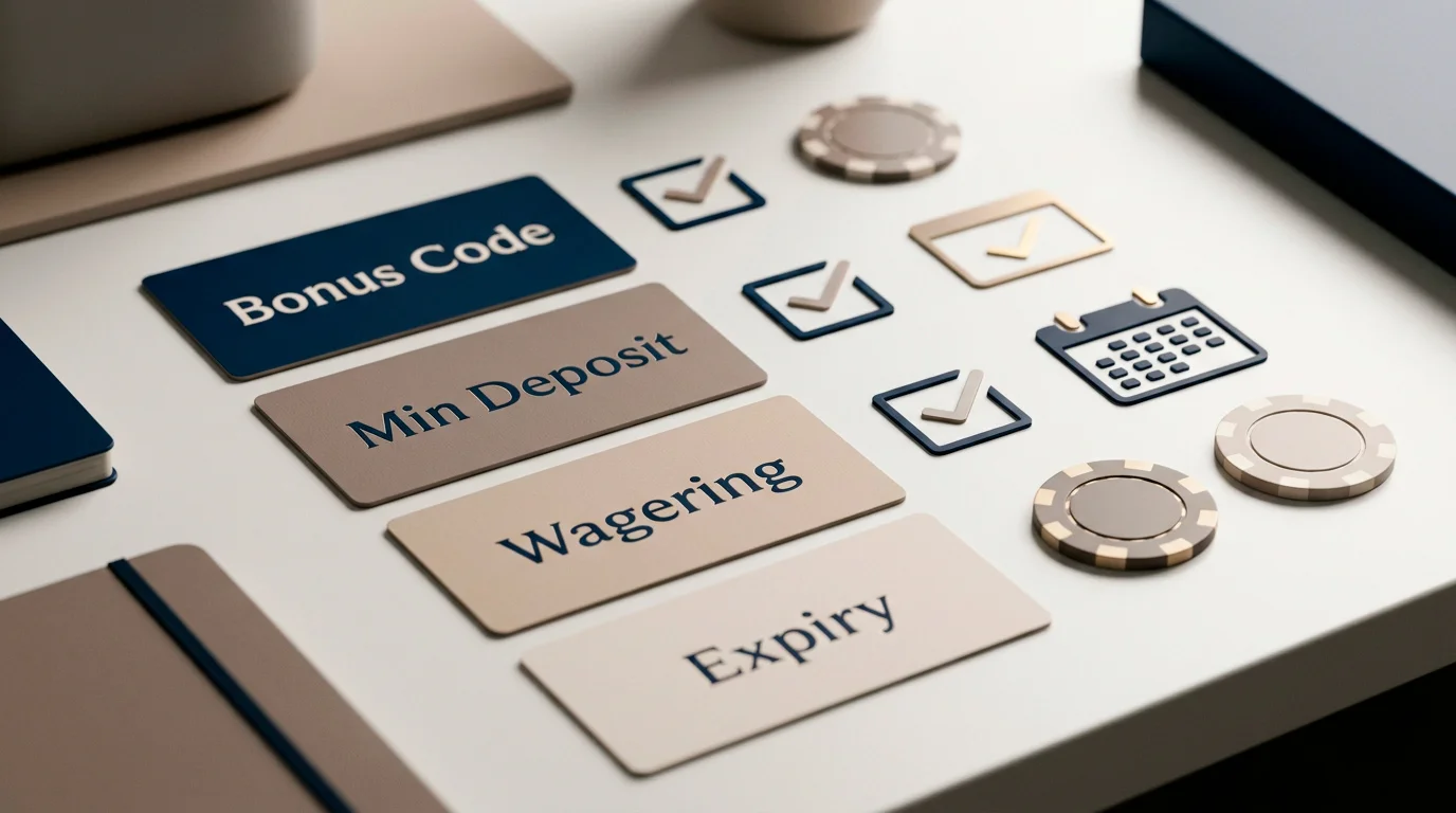 Welcome bonus checklist with code and terms fields